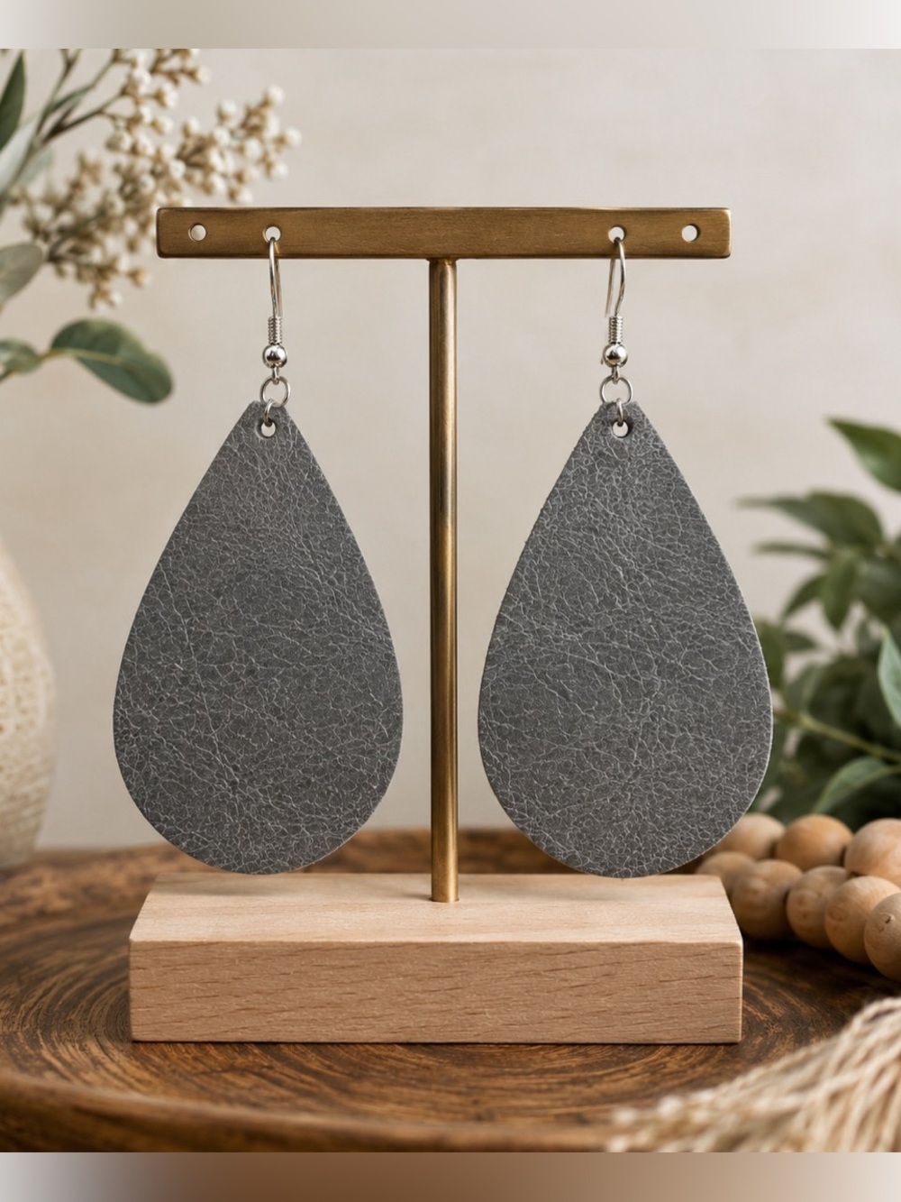 Genuine Leather Gray Medium Teardrop Earrings